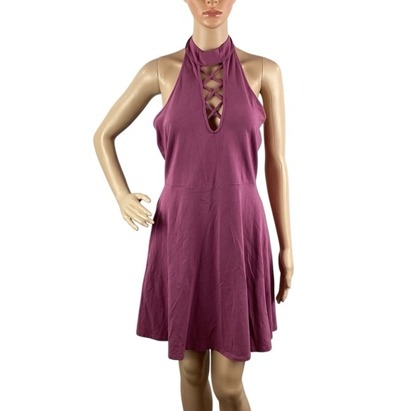 Express Lace It Up Halter Neck Skater Mini Dress Size M Mauve - Picture 1 of 7